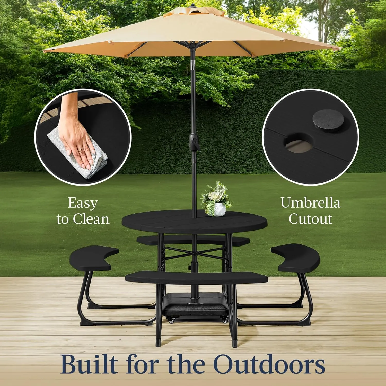 Best Choice Products 8-Person Outdoor Bench Patio Picnic Table, Circular w/ 4 Built-in Benches and Umbrella Hole, 2000lb Capacity - Black