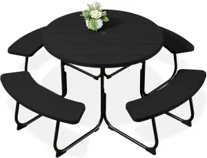 Best Choice Products 8-Person Outdoor Bench Patio Picnic Table, Circular w/ 4 Built-in Benches and Umbrella Hole, 2000lb Capacity - Black