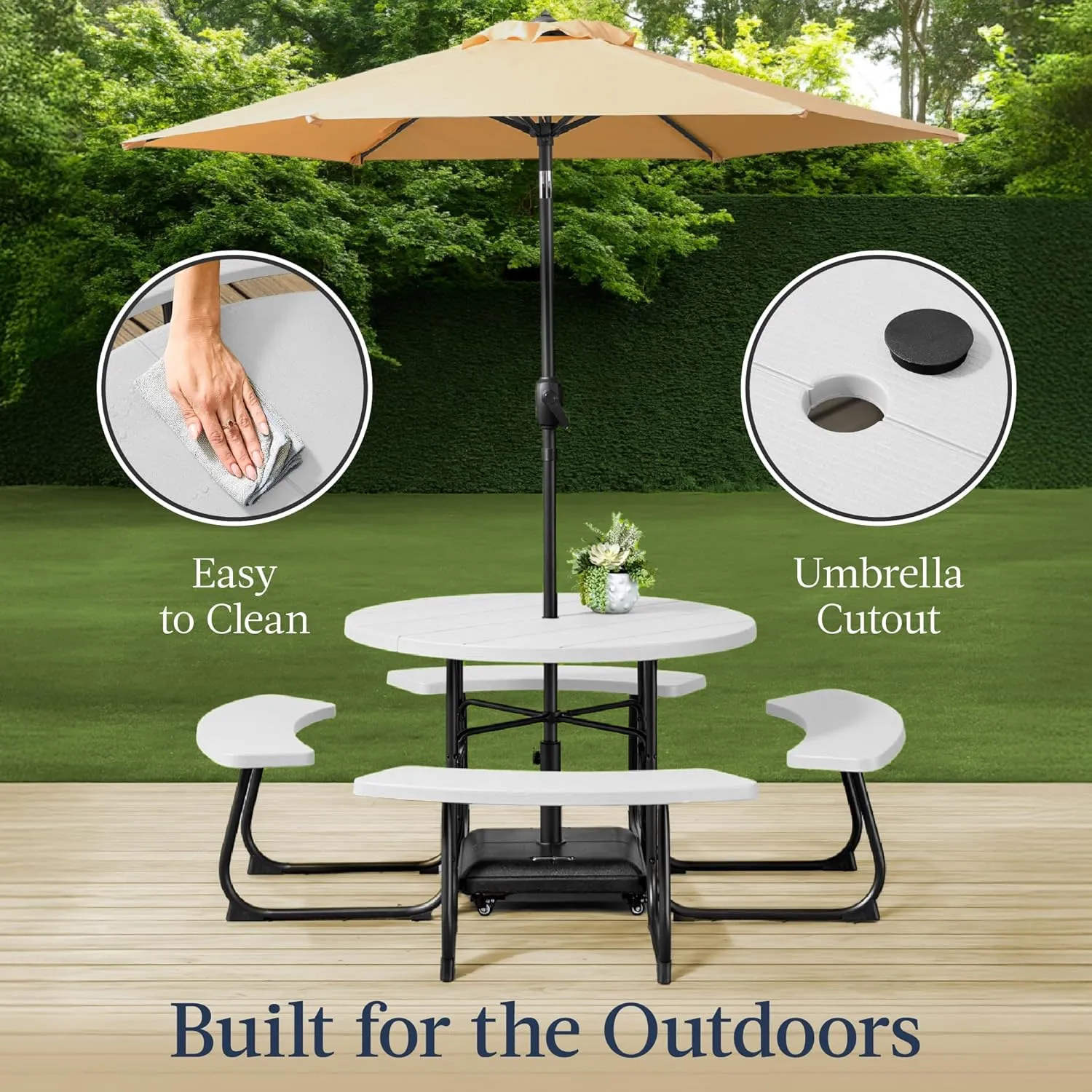 Best Choice Products 8-Person Outdoor Bench Patio Picnic Table, Circular w/ 4 Built-in Benches and Umbrella Hole, 2000lb Capacity - White