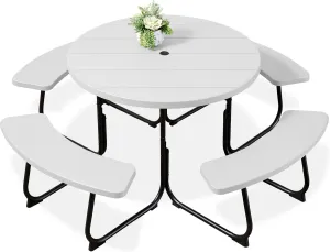 Best Choice Products 8-Person Outdoor Bench Patio Picnic Table, Circular w/ 4 Built-in Benches and Umbrella Hole, 2000lb Capacity - White
