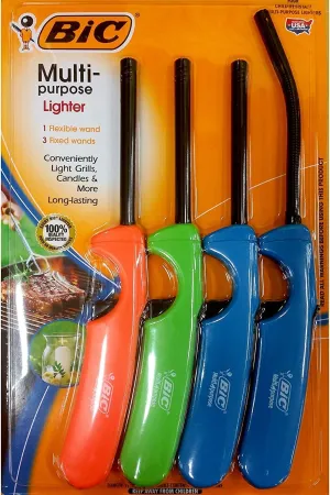 BIC Multi-Purpose Classic Edition Lighter & Flex Wand Stick Lighter, Ideal Fireplace and Candle Lighters, Assorted Colors, 4 Pack (Colors May Vary)