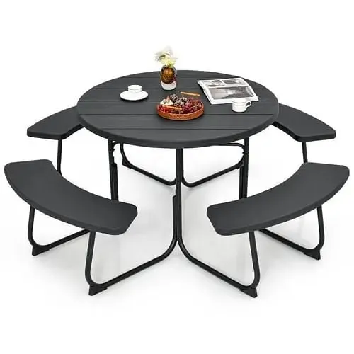 Black Outdoor Metal and HDPE Picnic Table Bench Set with Umbrella Hole