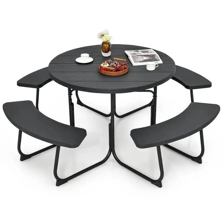 Black Outdoor Metal and HDPE Picnic Table Bench Set with Umbrella Hole