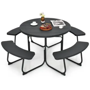 Black Outdoor Metal and HDPE Picnic Table Bench Set with Umbrella Hole