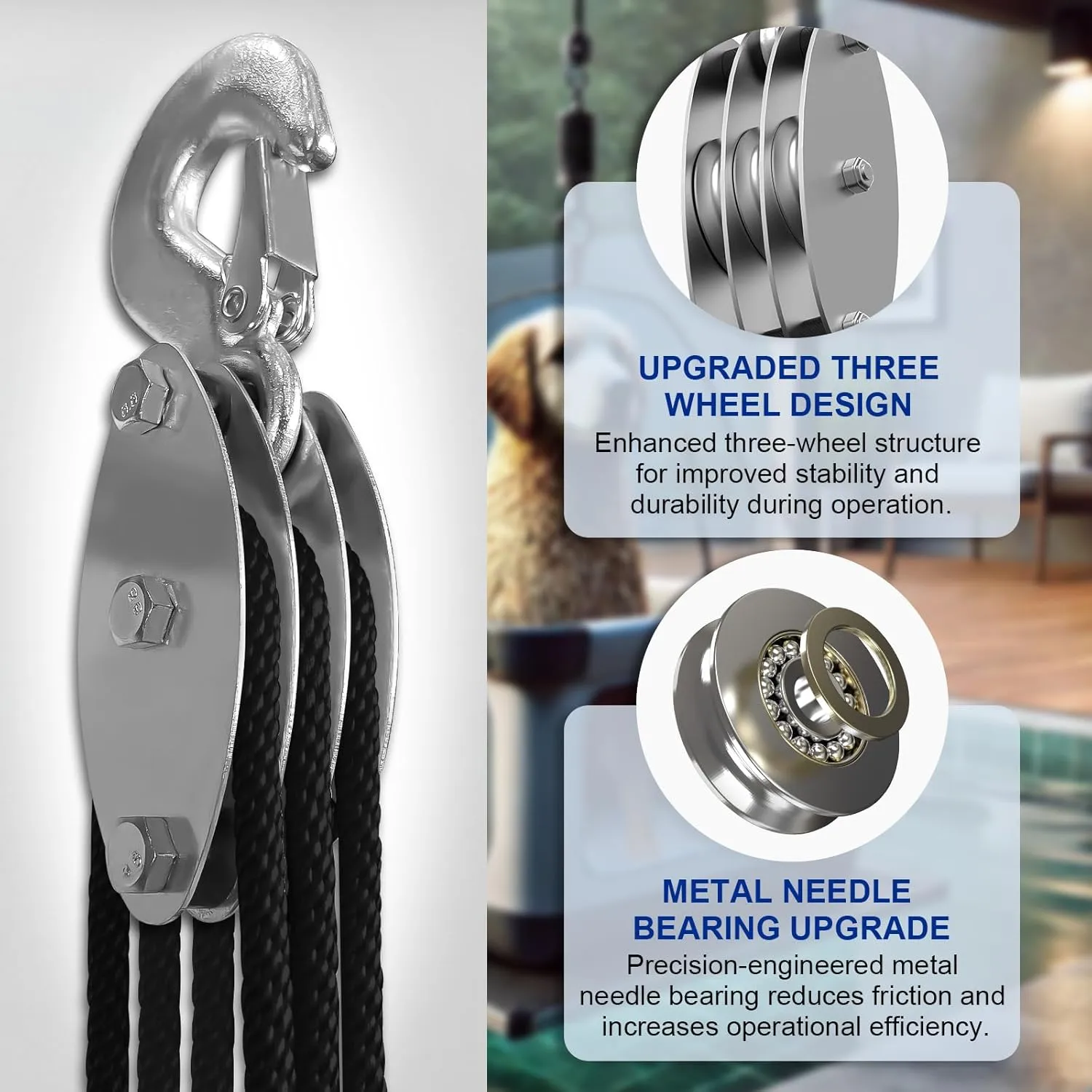 Block and Tackle Pulley System, Upgraded 3-Wheel Rope Pulley Hoist, 5:1 Lifting Power, 1100LB Work Load with 55Ft of 1/4" Rope, Ultra-Compact Rope Hoist for Garage, Hunting, and Heavy Lifting