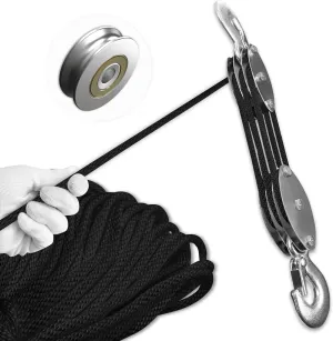 Block and Tackle Pulley System, Upgraded 3-Wheel Rope Pulley Hoist, 5:1 Lifting Power, 1100LB Work Load with 55Ft of 1/4" Rope, Ultra-Compact Rope Hoist for Garage, Hunting, and Heavy Lifting