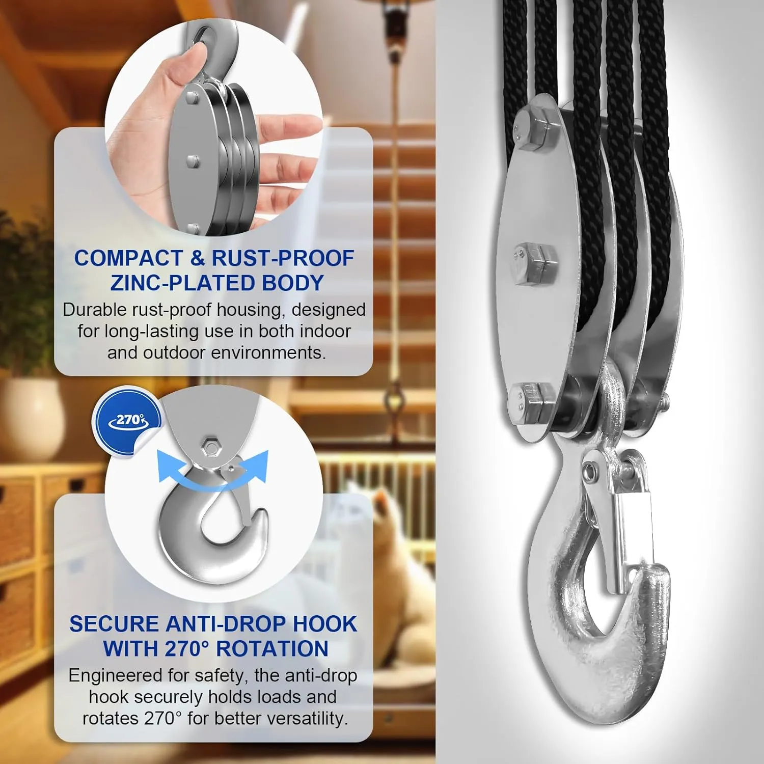 Block and Tackle Pulley System, Upgraded 3-Wheel Rope Pulley Hoist, 5:1 Lifting Power, 1100LB Work Load with 55Ft of 1/4" Rope, Ultra-Compact Rope Hoist for Garage, Hunting, and Heavy Lifting