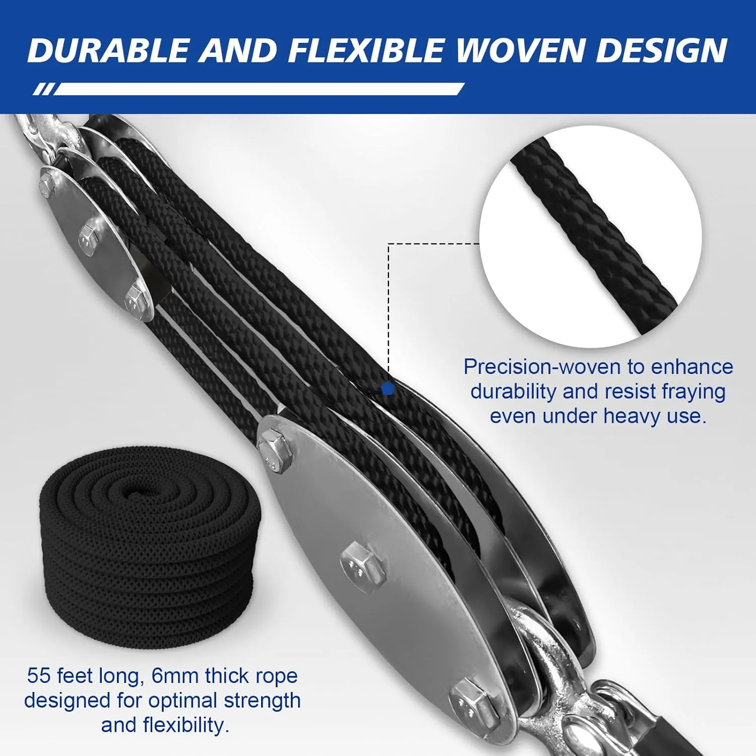 Block and Tackle Pulley System, Upgraded 3-Wheel Rope Pulley Hoist, 5:1 Lifting Power, 1100LB Work Load with 55Ft of 1/4" Rope, Ultra-Compact Rope Hoist for Garage, Hunting, and Heavy Lifting