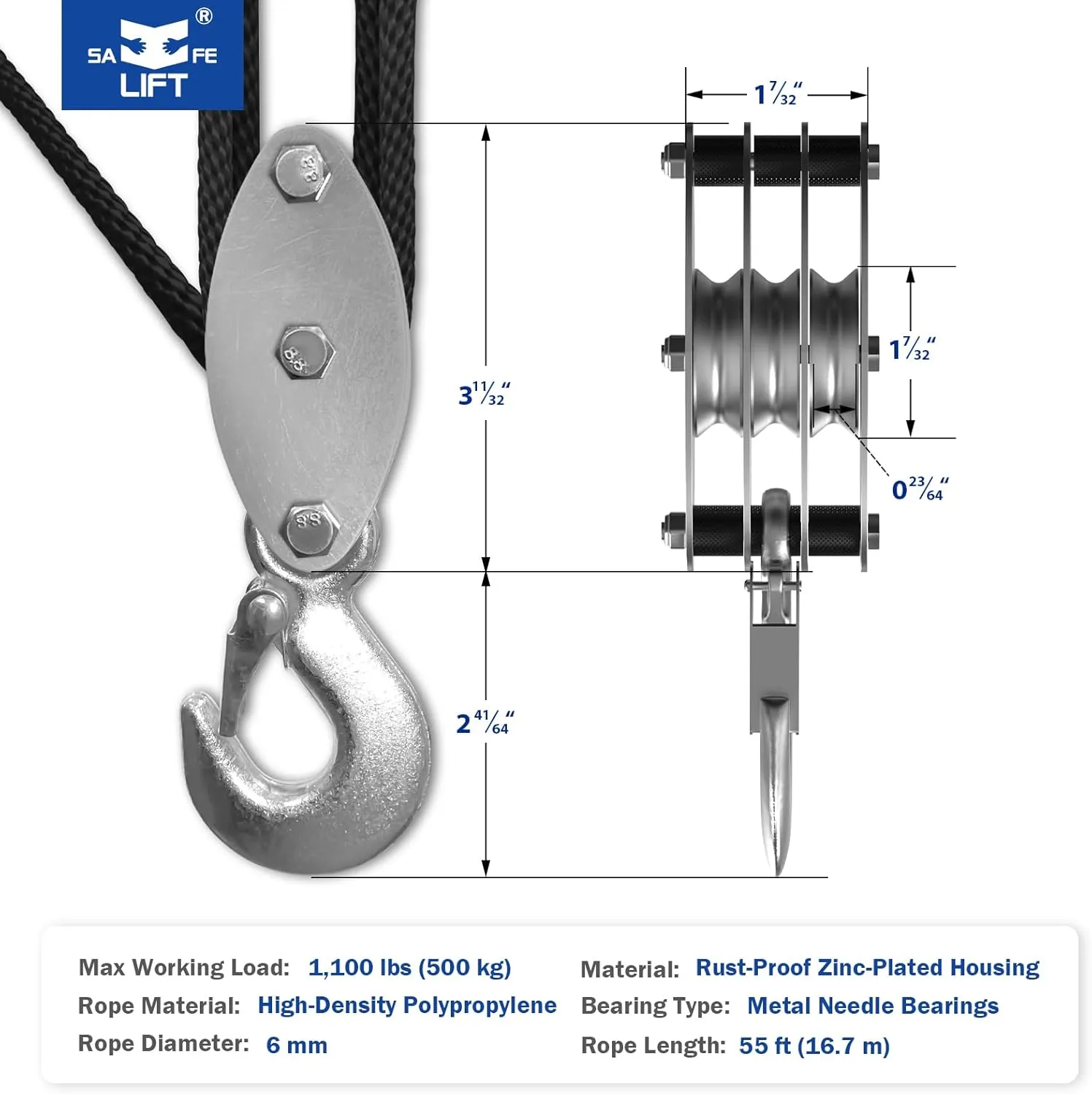 Block and Tackle Pulley System, Upgraded 3-Wheel Rope Pulley Hoist, 5:1 Lifting Power, 1100LB Work Load with 55Ft of 1/4" Rope, Ultra-Compact Rope Hoist for Garage, Hunting, and Heavy Lifting