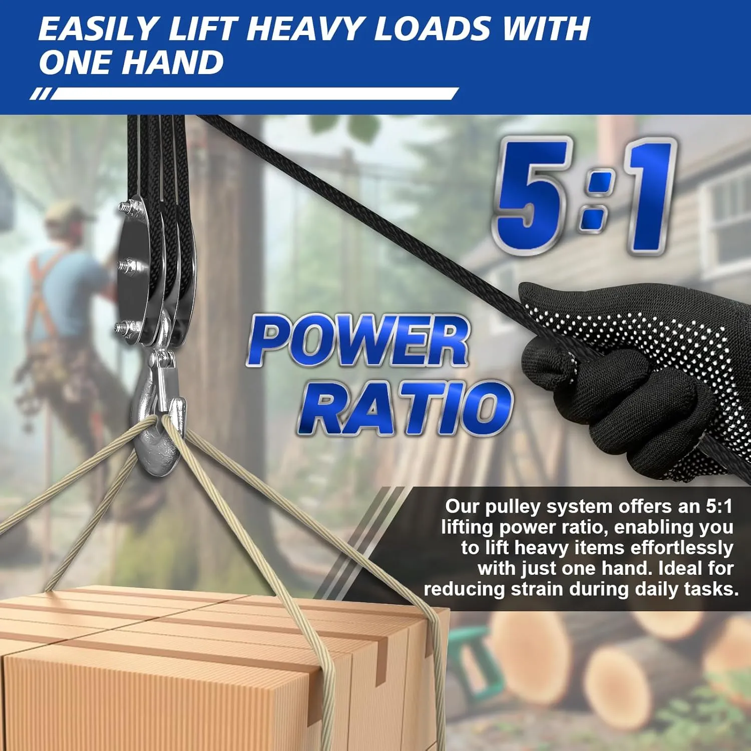 Block and Tackle Pulley System, Upgraded 3-Wheel Rope Pulley Hoist, 5:1 Lifting Power, 1100LB Work Load with 55Ft of 1/4" Rope, Ultra-Compact Rope Hoist for Garage, Hunting, and Heavy Lifting