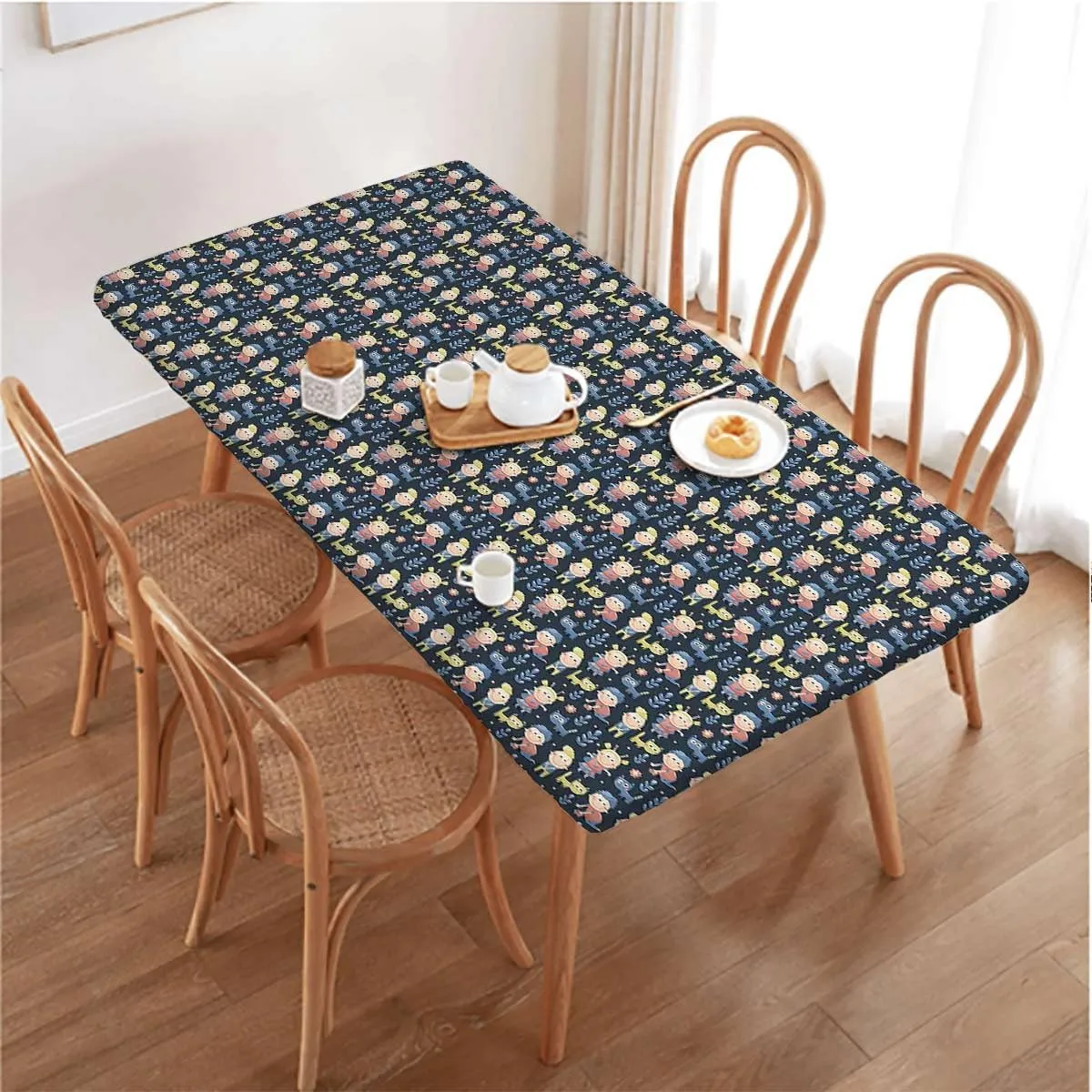Blue Elastic Fitted Picnic Table Cover Colourful Cartoon Animal Childhood Soft-Touch Fitted Table Cloth, Waterproof Oil-Proof Table Cover Abstract Fits up 5 Foot Tables