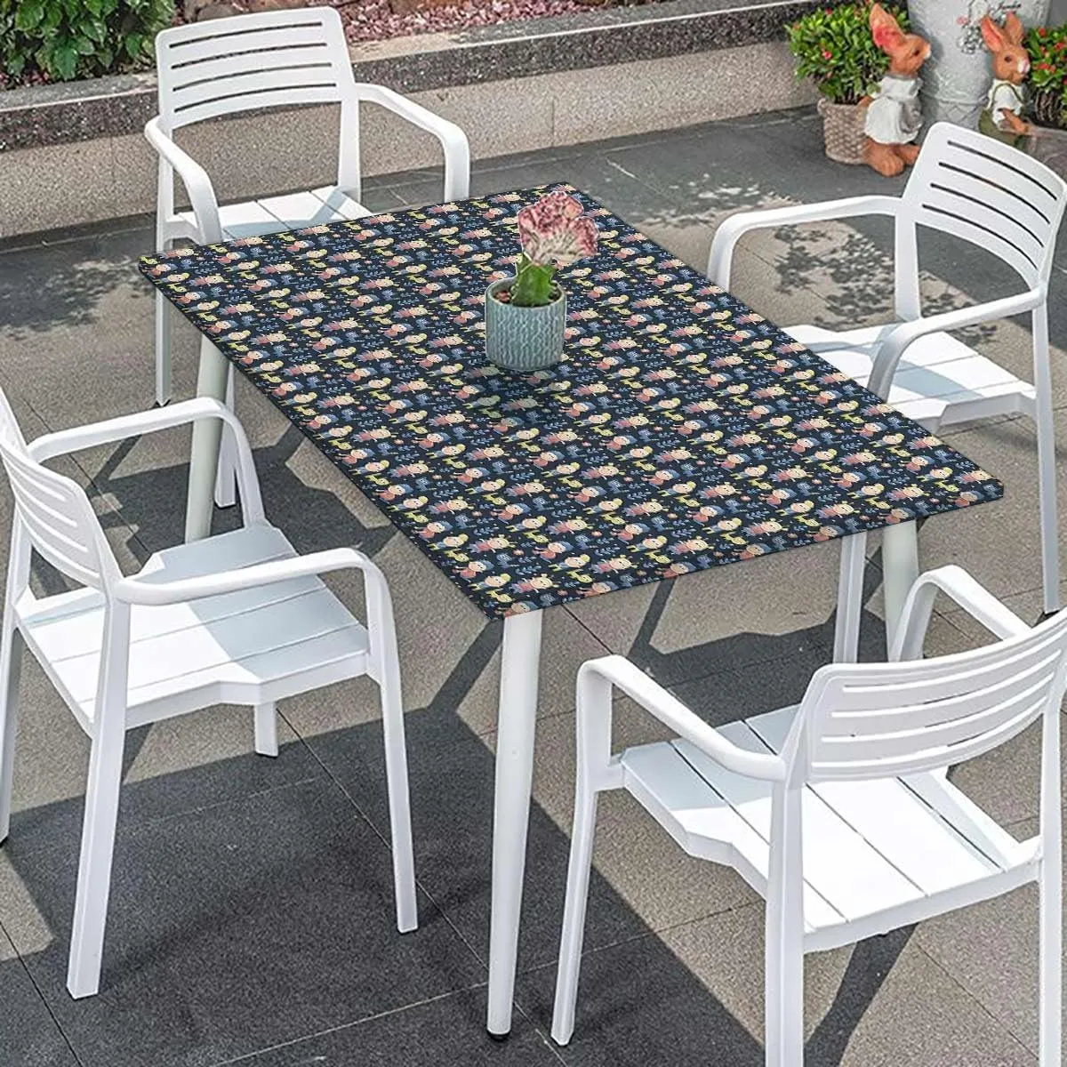 Blue Elastic Fitted Picnic Table Cover Colourful Cartoon Animal Childhood Soft-Touch Fitted Table Cloth, Waterproof Oil-Proof Table Cover Abstract Fits up 5 Foot Tables