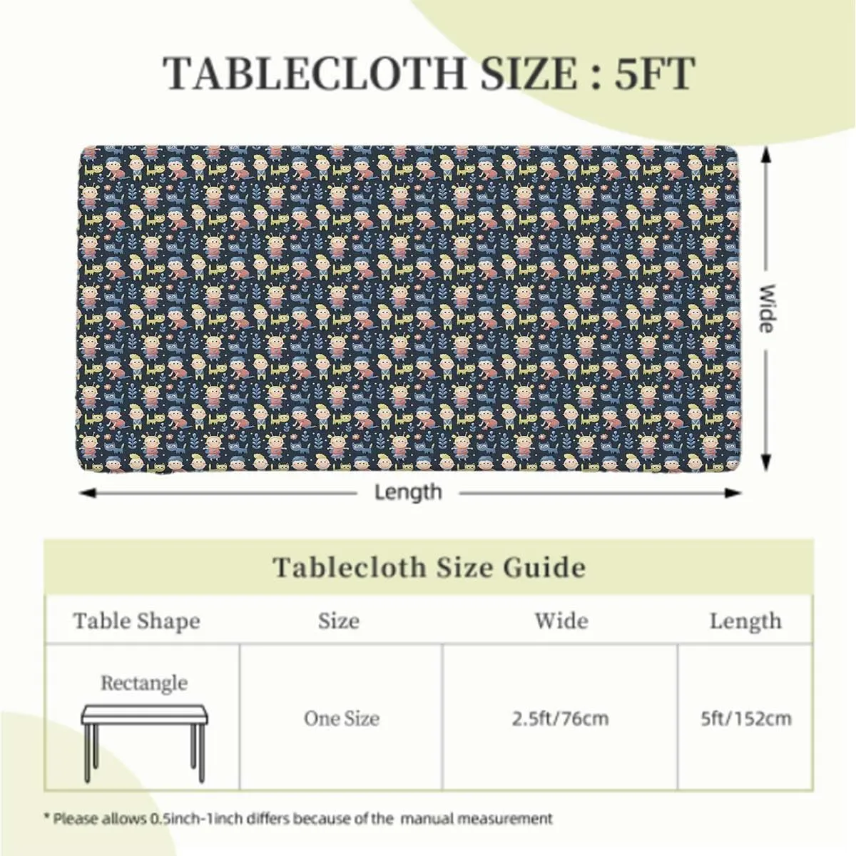Blue Elastic Fitted Picnic Table Cover Colourful Cartoon Animal Childhood Soft-Touch Fitted Table Cloth, Waterproof Oil-Proof Table Cover Abstract Fits up 5 Foot Tables