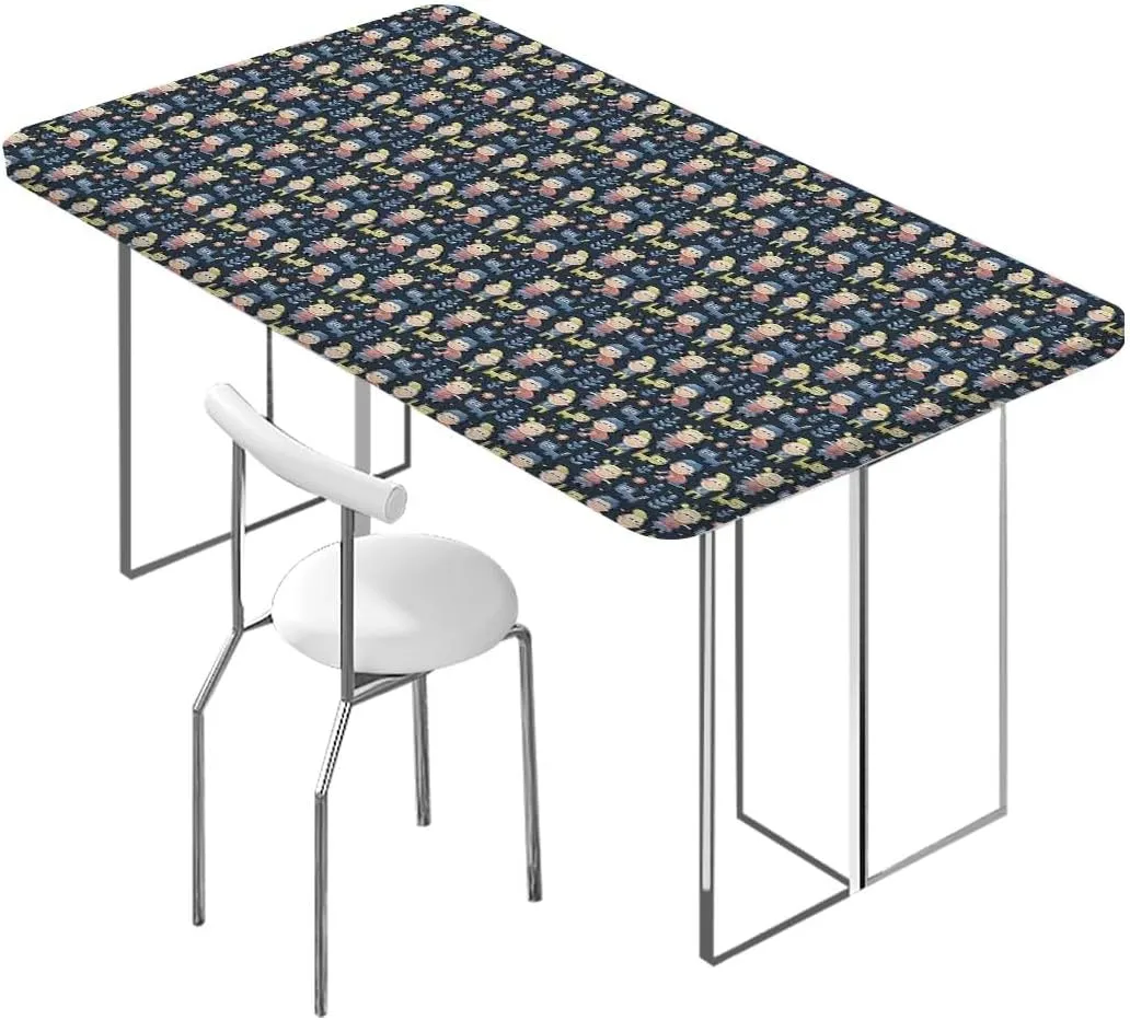 Blue Elastic Fitted Picnic Table Cover Colourful Cartoon Animal Childhood Soft-Touch Fitted Table Cloth, Waterproof Oil-Proof Table Cover Abstract Fits up 5 Foot Tables