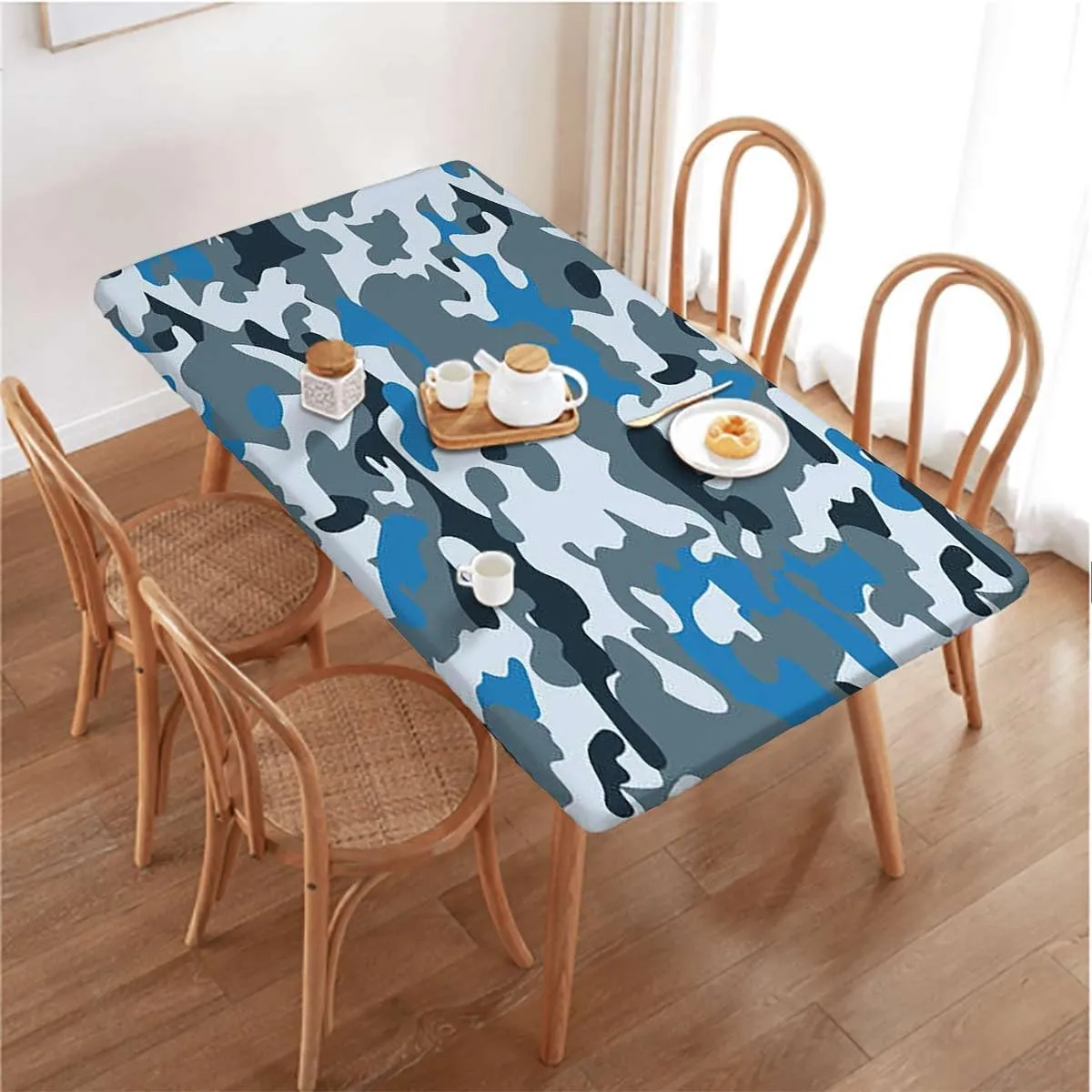 Blue Indigo Grey Rectangle Tablecloth, Abstract Soft Colors Pattern Rectangular Fitted Picnic Folding Table Cover Outdoor tablecloths Camouflage Fits up 5 Foot Tables