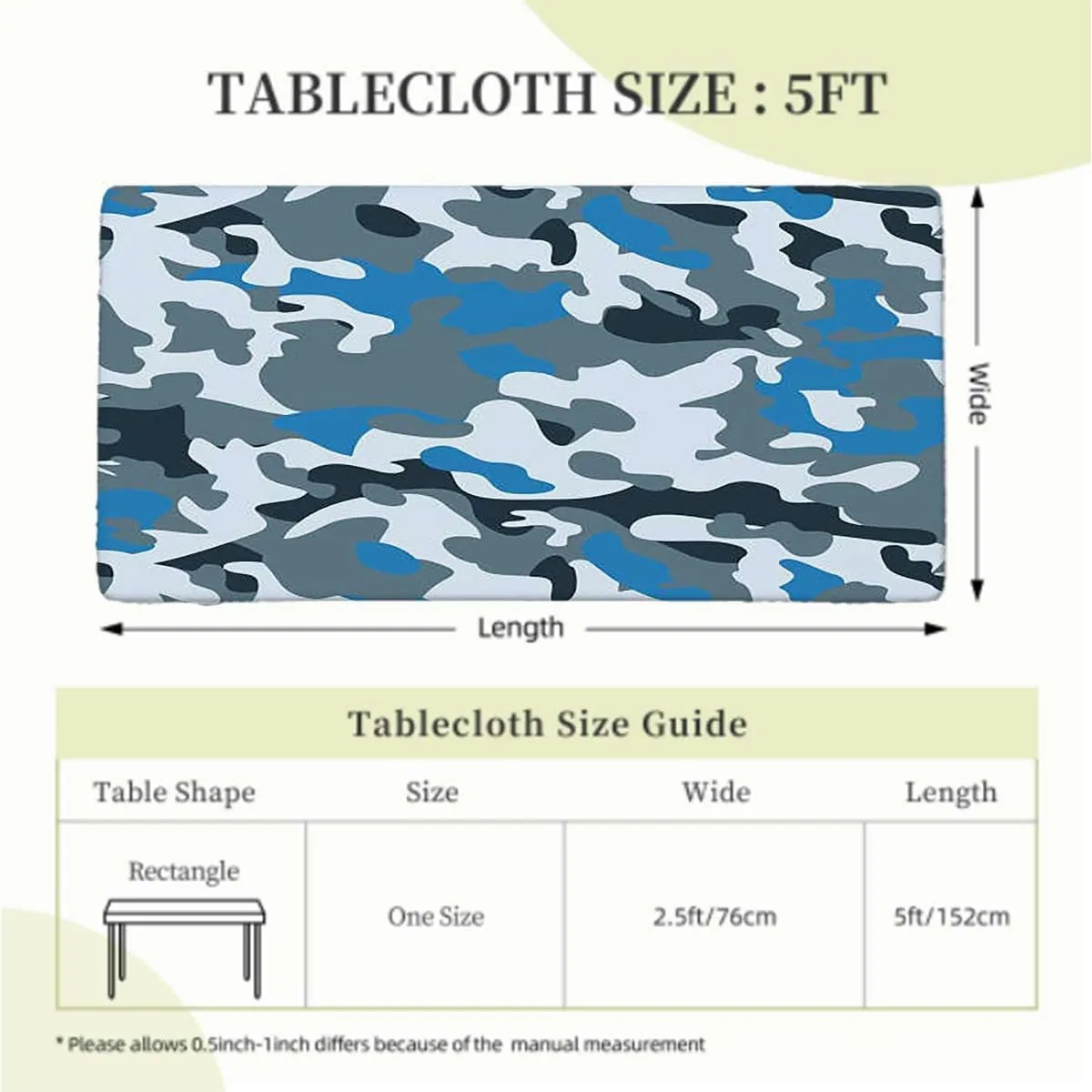 Blue Indigo Grey Rectangle Tablecloth, Abstract Soft Colors Pattern Rectangular Fitted Picnic Folding Table Cover Outdoor tablecloths Camouflage Fits up 5 Foot Tables