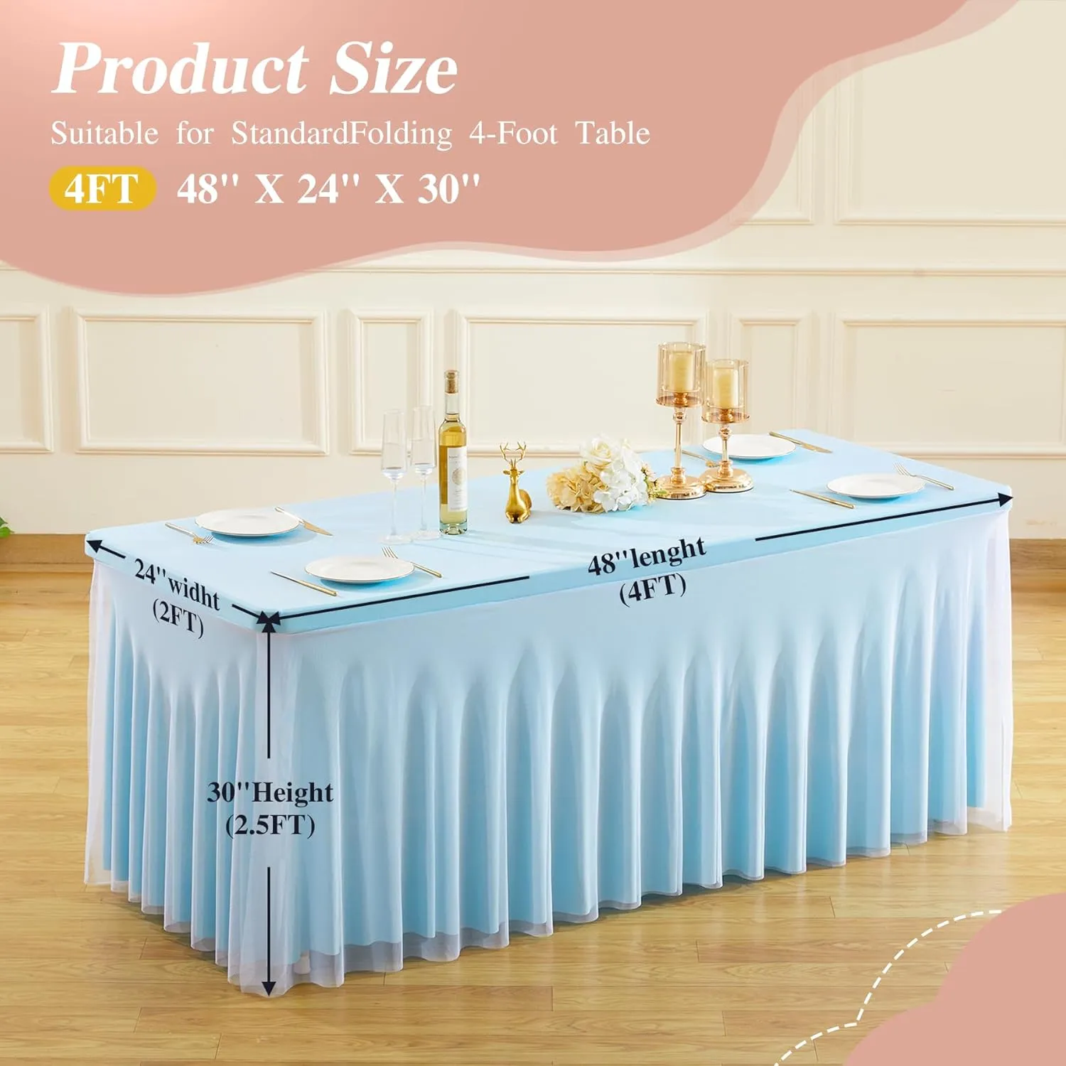 Blue Tablecloths 4 Foot Rectangle Tables, Spandex Tulle Tablecloth Stretch Fitted Tablecover with Ruffle Tutu Table Skirt for Baby Shower Birthday Party Wedding Banquet Dessert Table Decorations