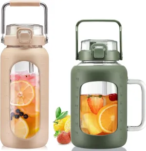 BLUEGO 64oz and 64oz Glass Water Bottles Bundle(64 Amber   64 Olive) with Straw and Lids Handle Large Water Bottle with Sleeve, Half Gallon Water Jug, Glass Water Container, BPA Free