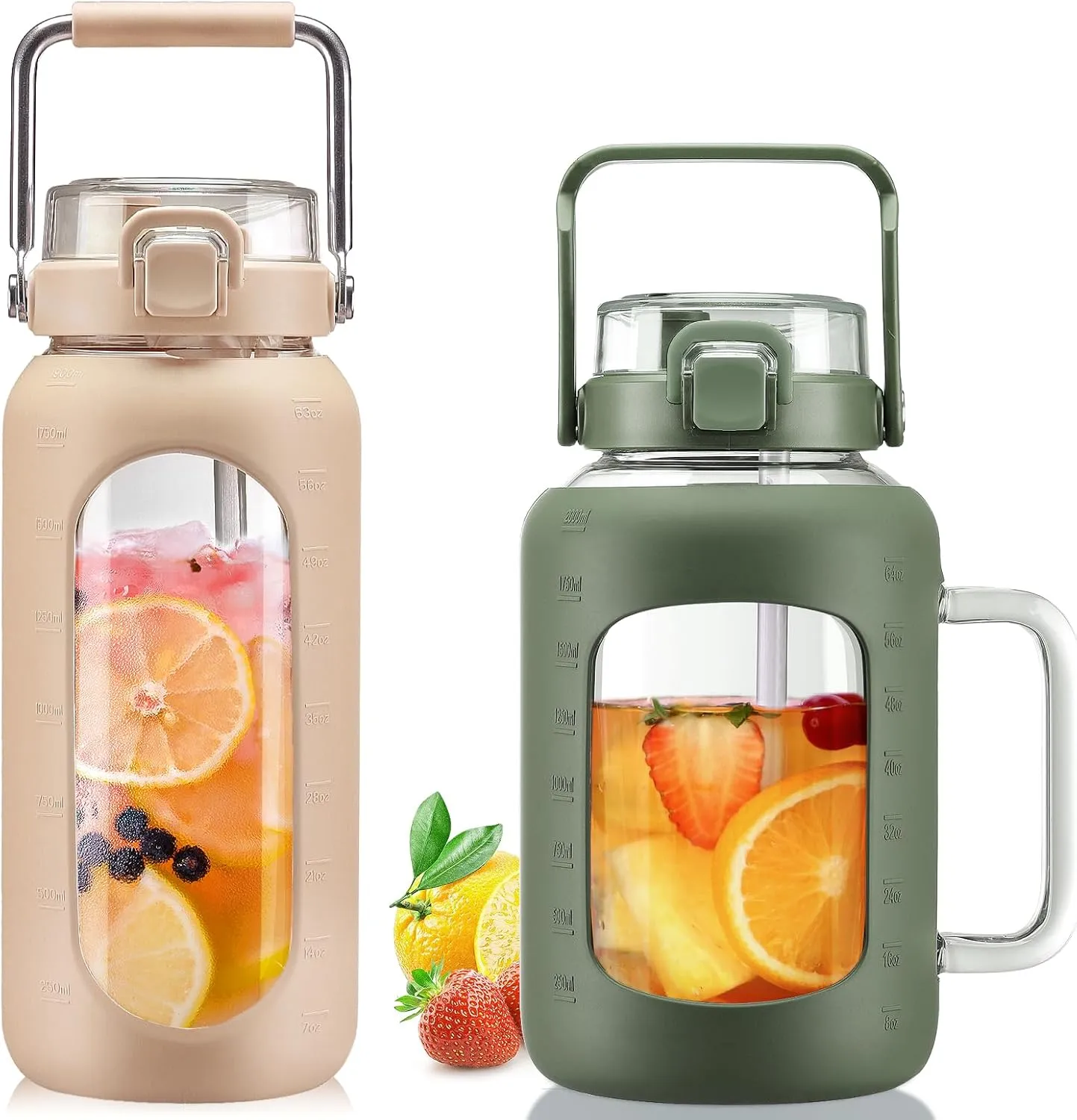 BLUEGO 64oz and 64oz Glass Water Bottles Bundle(64 Amber   64 Olive) with Straw and Lids Handle Large Water Bottle with Sleeve, Half Gallon Water Jug, Glass Water Container, BPA Free