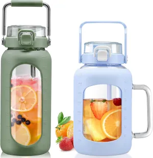 BLUEGO 64oz and 64oz Glass Water Bottles Bundle(64 Olive   64 Blue) with Straw and Lids Handle Large Water Bottle with Sleeve, Half Gallon Water Jug, Glass Water Container, BPA Free
