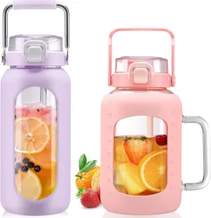 BLUEGO 64oz and 64oz Glass Water Bottles Bundle(64 Purple   64 Pink) with Straw and Lids Handle Large Water Bottle with Sleeve, Half Gallon Water Jug, Glass Water Container, BPA Free