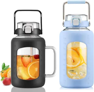 BLUEGO 64oz and 84oz Glass Water Bottles Bundle(64 Black   84 Blue) with Straw and Lids Handle Large Water Tumbler with Sleeve, Glass Water Container, 2 Liter Water Jug Glass, BPA Free