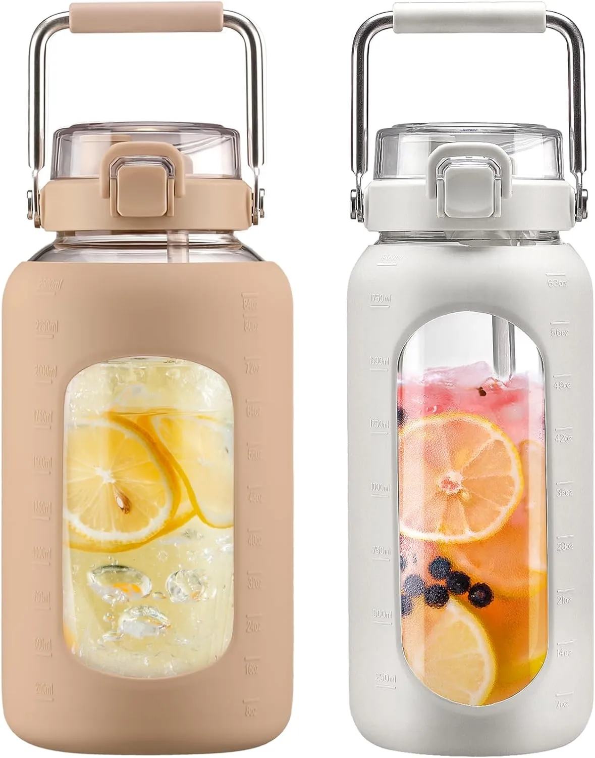 BLUEGO 84oz and 64oz Glass Water Bottles Bundle(84 Amber   64 White) with Straw and Stainless Steel Handle, Large Water Bottle with Sleeve, Half Gallon Water Jug, Glass Water Container, BPA Free