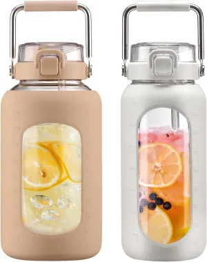BLUEGO 84oz and 64oz Glass Water Bottles Bundle(84 Amber   64 White) with Straw and Stainless Steel Handle, Large Water Bottle with Sleeve, Half Gallon Water Jug, Glass Water Container, BPA Free