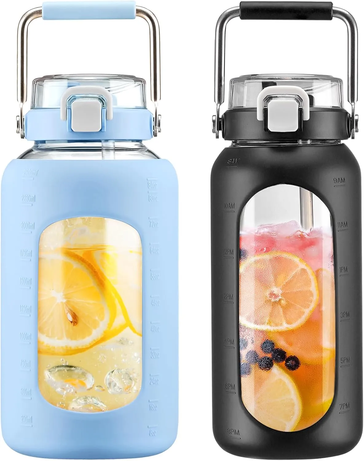 BLUEGO 84oz and 64oz Glass Water Bottles Bundle(84 Light Blue   64 Black) with Straw and Stainless Steel Handle, Large Water Bottle with Sleeve, Half Gallon Water Jug, Glass Water Container, BPA Free