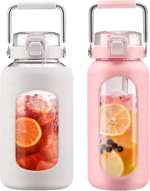 BLUEGO 84oz and 64oz Glass Water Bottles Bundle(84 White   64 Pink) with Straw and Stainless Steel Handle, Large Water Bottle with Sleeve, Half Gallon Water Jug, Glass Water Container, BPA Free