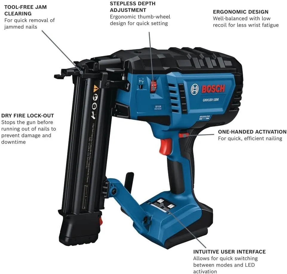 BOSCH GNH18V-18MN 18V Brushless 18-Gauge Brad Nailer - Cordless Power, Fastens up to 2,000 Nails per Charge, One-Handed Activation, Tool-Free Jam Clearing, Double LED Light (Bare Tool)