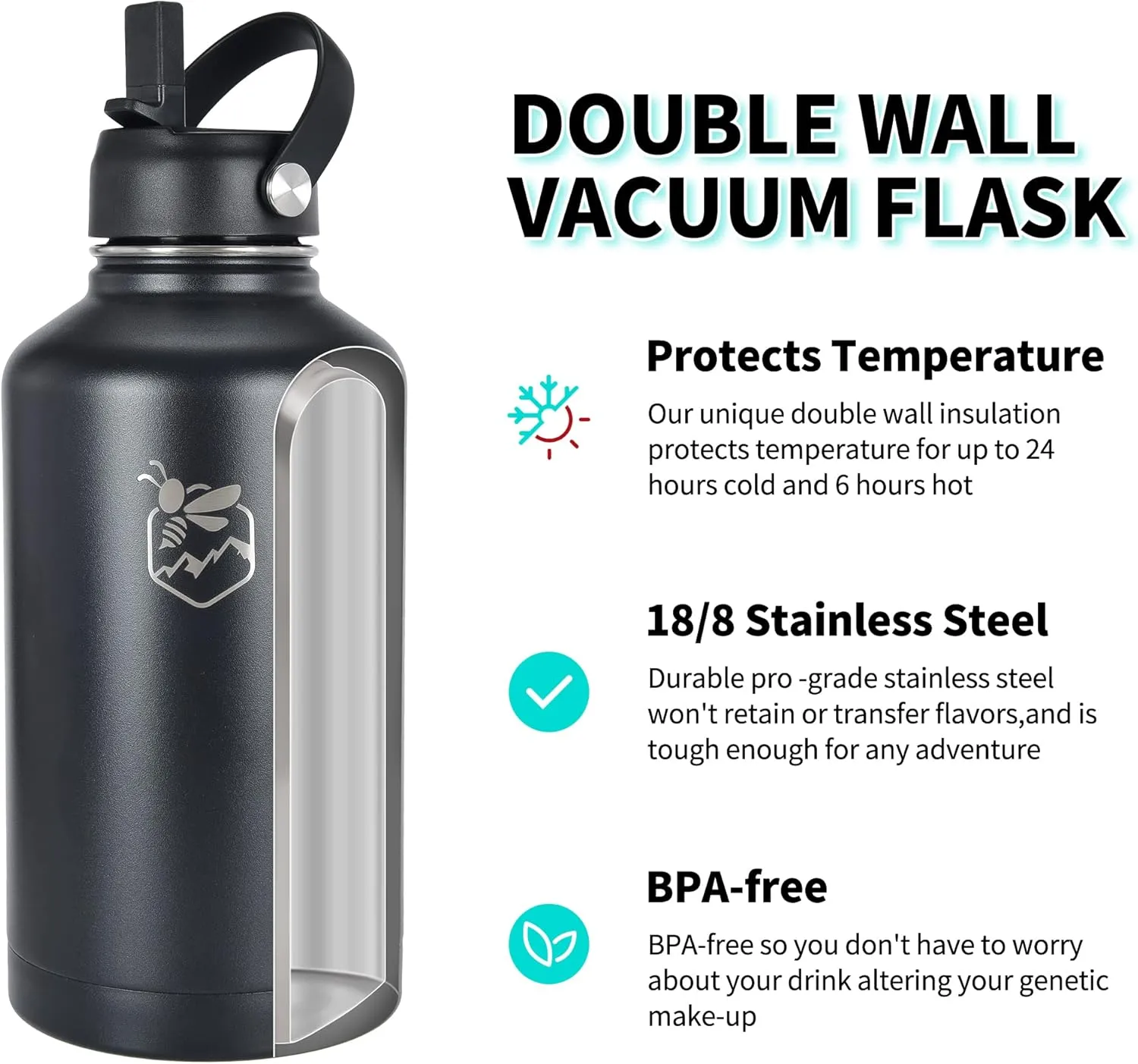 Boulder Bee | 64 oz Insulated Water Bottle | Stainless Steel Thermos for Hot & Cold Drinks | with 2 Lid (Straw Lid and Cap) | Double Vacuum Walled | for Travel, Hiking, Camping (Black)