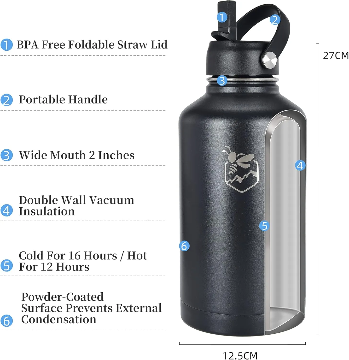 Boulder Bee | 64 oz Insulated Water Bottle | Stainless Steel Thermos for Hot & Cold Drinks | with 2 Lid (Straw Lid and Cap) | Double Vacuum Walled | for Travel, Hiking, Camping (Black)