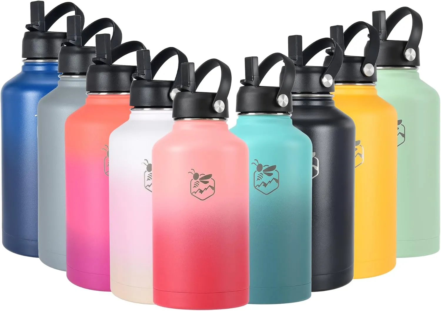 Boulder Bee | 64 oz Insulated Water Bottle | Stainless Steel Thermos for Hot & Cold Drinks | with 2 Lid (Straw Lid and Cap) | Double Vacuum Walled | for Travel, Hiking, Camping (Black)