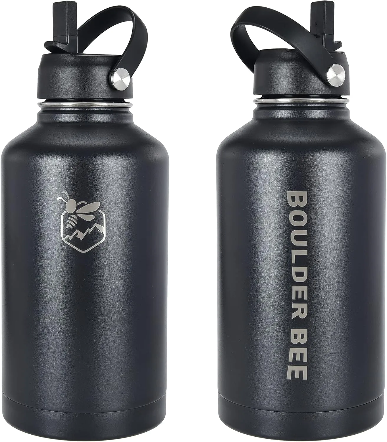 Boulder Bee | 64 oz Insulated Water Bottle | Stainless Steel Thermos for Hot & Cold Drinks | with 2 Lid (Straw Lid and Cap) | Double Vacuum Walled | for Travel, Hiking, Camping (Black)