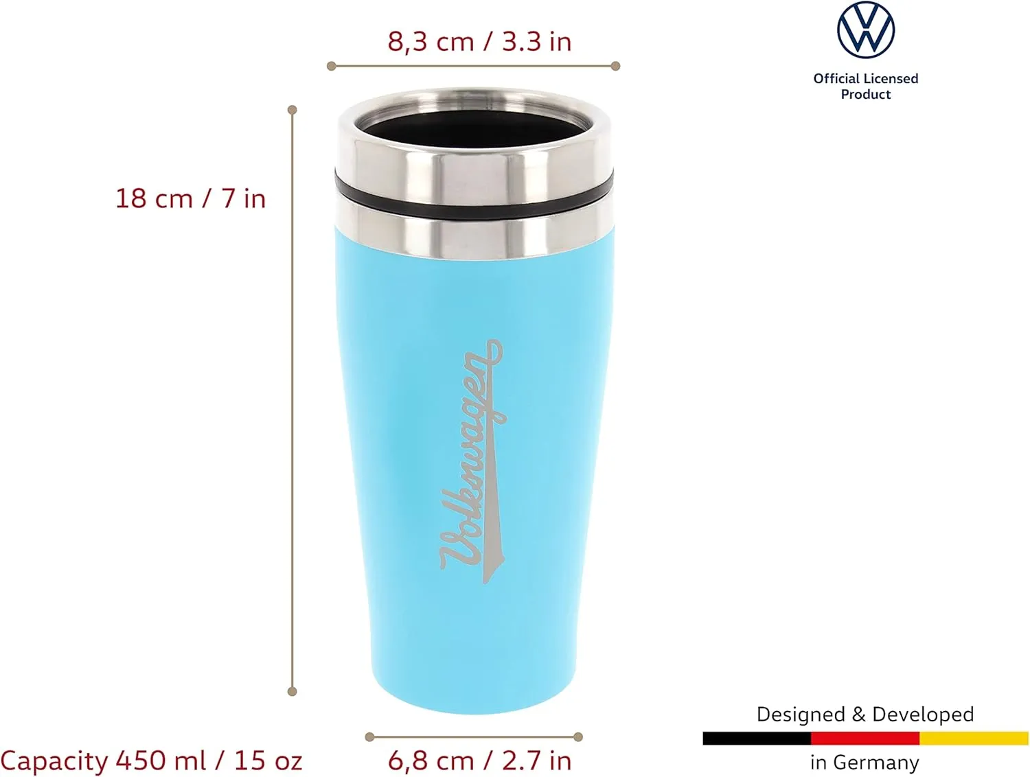 BRISA VW Collection - Insulated Stainless Steel Thermo Drinking Cup in VW Logo Design, Double-Walled (450ml/15.2 fl oz/Turquoise)