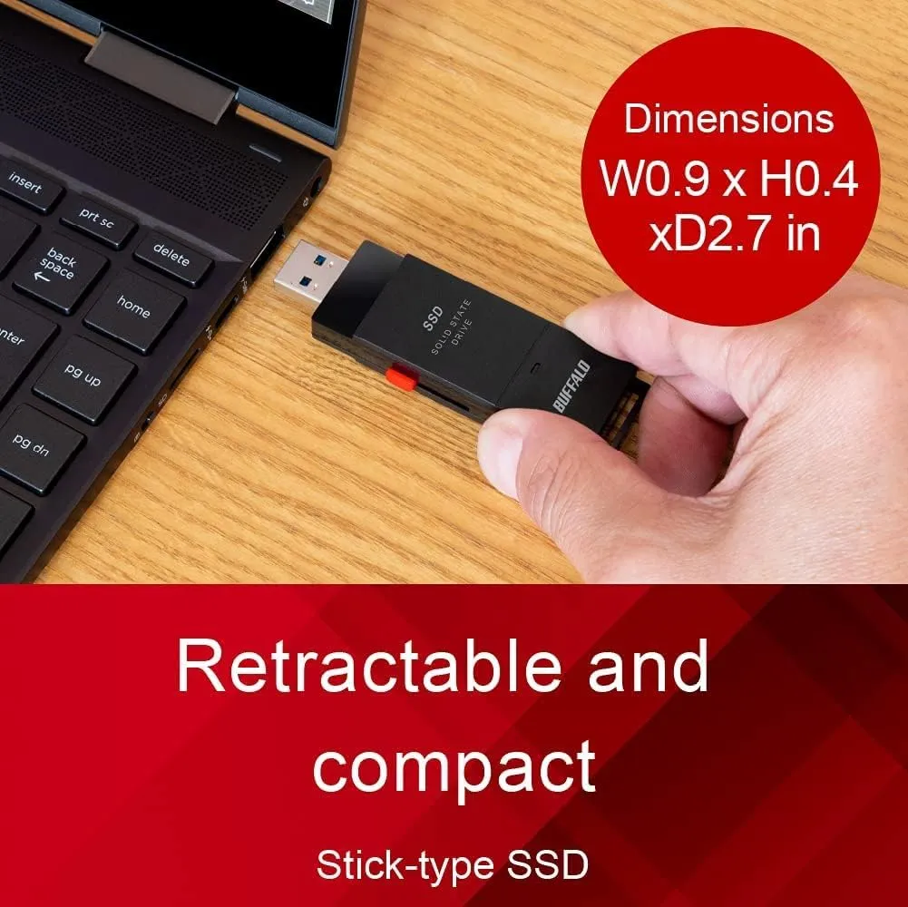 BUFFALO External SSD 1TB - Up to 600MB/s - USB-C - USB-A - USB 3.2 Gen 2 (Compatible with PS4 / PS5 / Windows/Mac) - External Solid State Drive Stick - ‎‎SSD-PUT1.0U3B