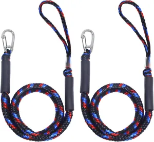 Bungee Dock Lines for Boats 4 ft, Heavy-Duty Elastic Anchor Rope with Hooks, Secure Boat Dock Lines, Jet Ski Mooring & PWC Tie Downs (Black,Blue&Red, 2 Pack)
