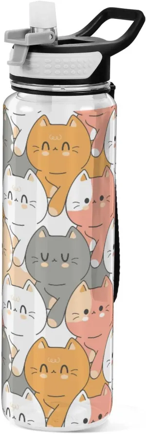 Caikeny Cute Cats Kawaii Water Bottle with Straw Sports Bottles BPA-Free Tritan Water Jug with Carrying Strap for Women Men Gym