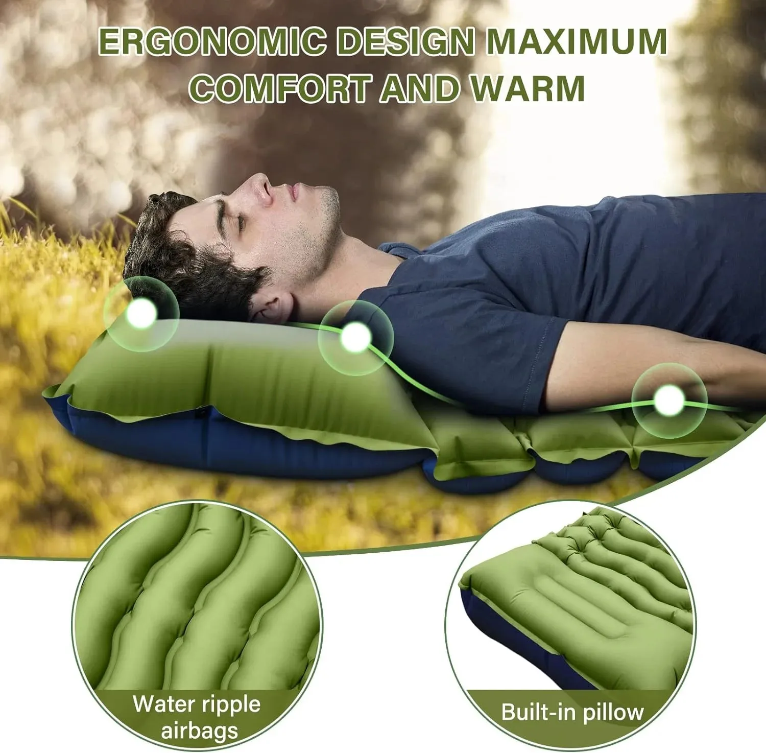Camping Pad with Built-in Pillow | Extra-Wide Ripple Air Cell Design | Ultralight Backpacking Sleep System