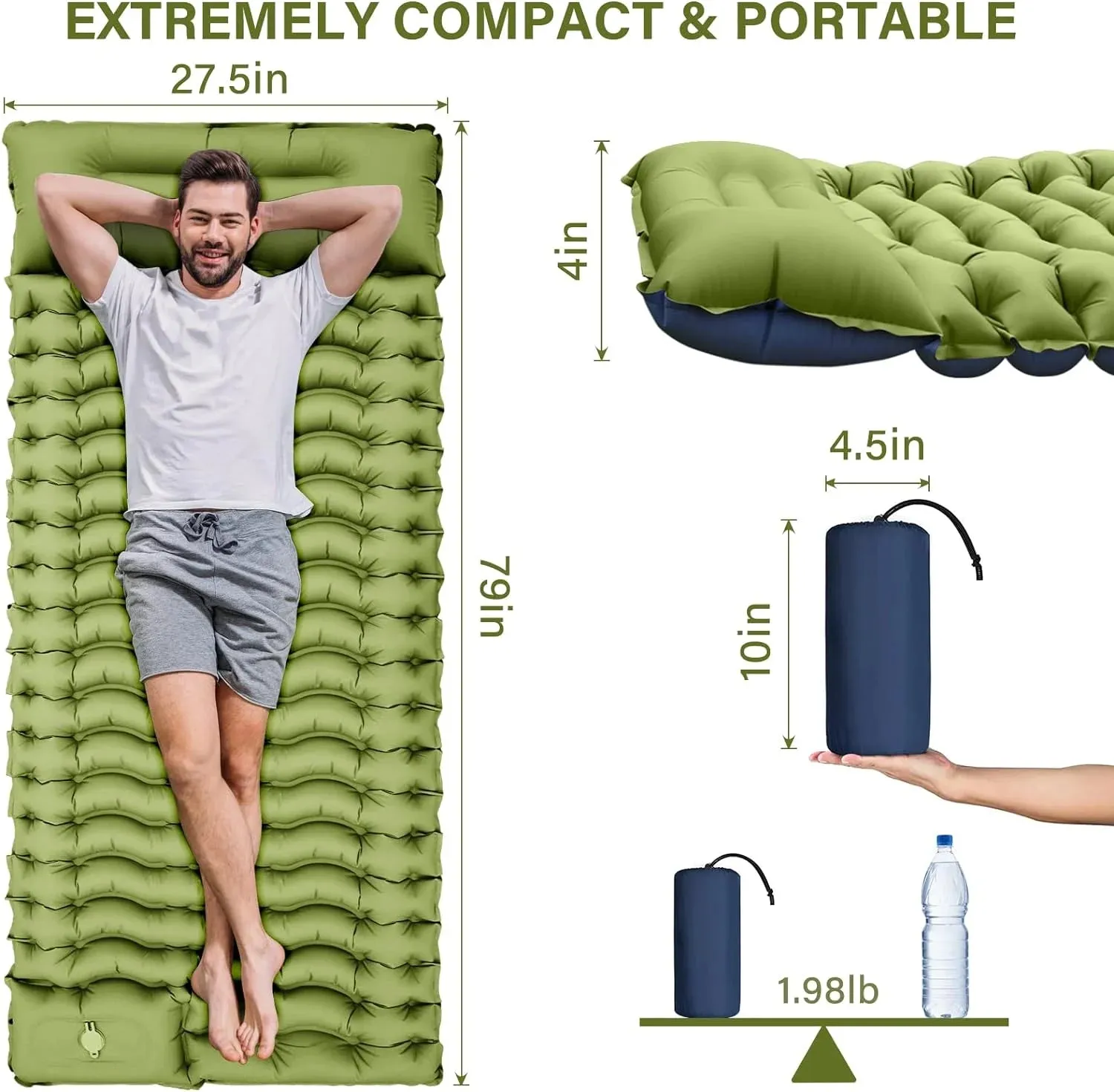 Camping Pad with Built-in Pillow | Extra-Wide Ripple Air Cell Design | Ultralight Backpacking Sleep System