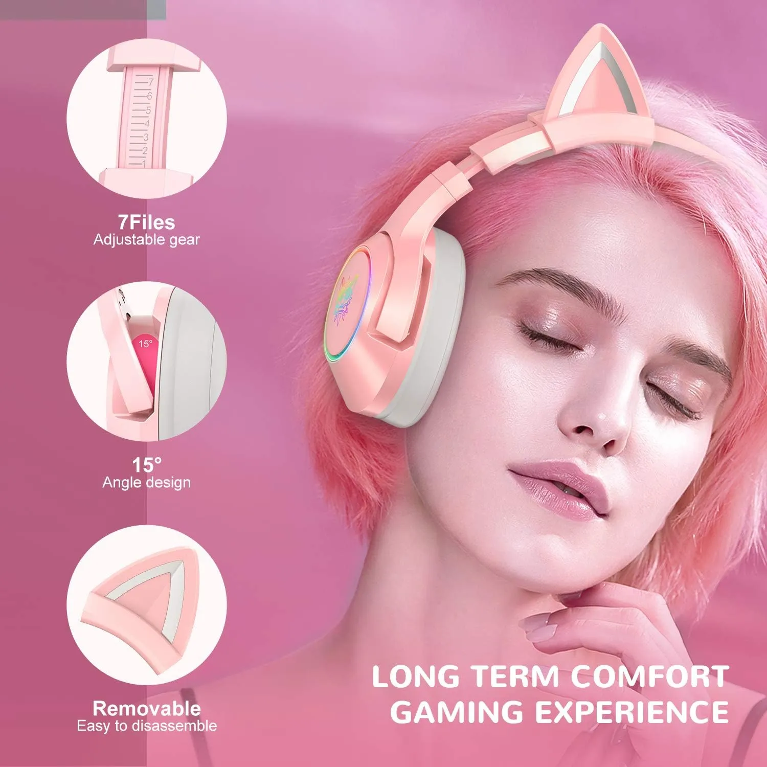 Cat Ear Gaming Cute Headset, Wired Headphones with Noise Cancelling Microphone, Surround Sound, LED Backlight for PS4, PS5, Xbox One(No Adapter), PC, Mobile Phone (pink71.1 USBplug)