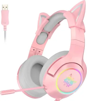 Cat Ear Gaming Cute Headset, Wired Headphones with Noise Cancelling Microphone, Surround Sound, LED Backlight for PS4, PS5, Xbox One(No Adapter), PC, Mobile Phone (pink71.1 USBplug)