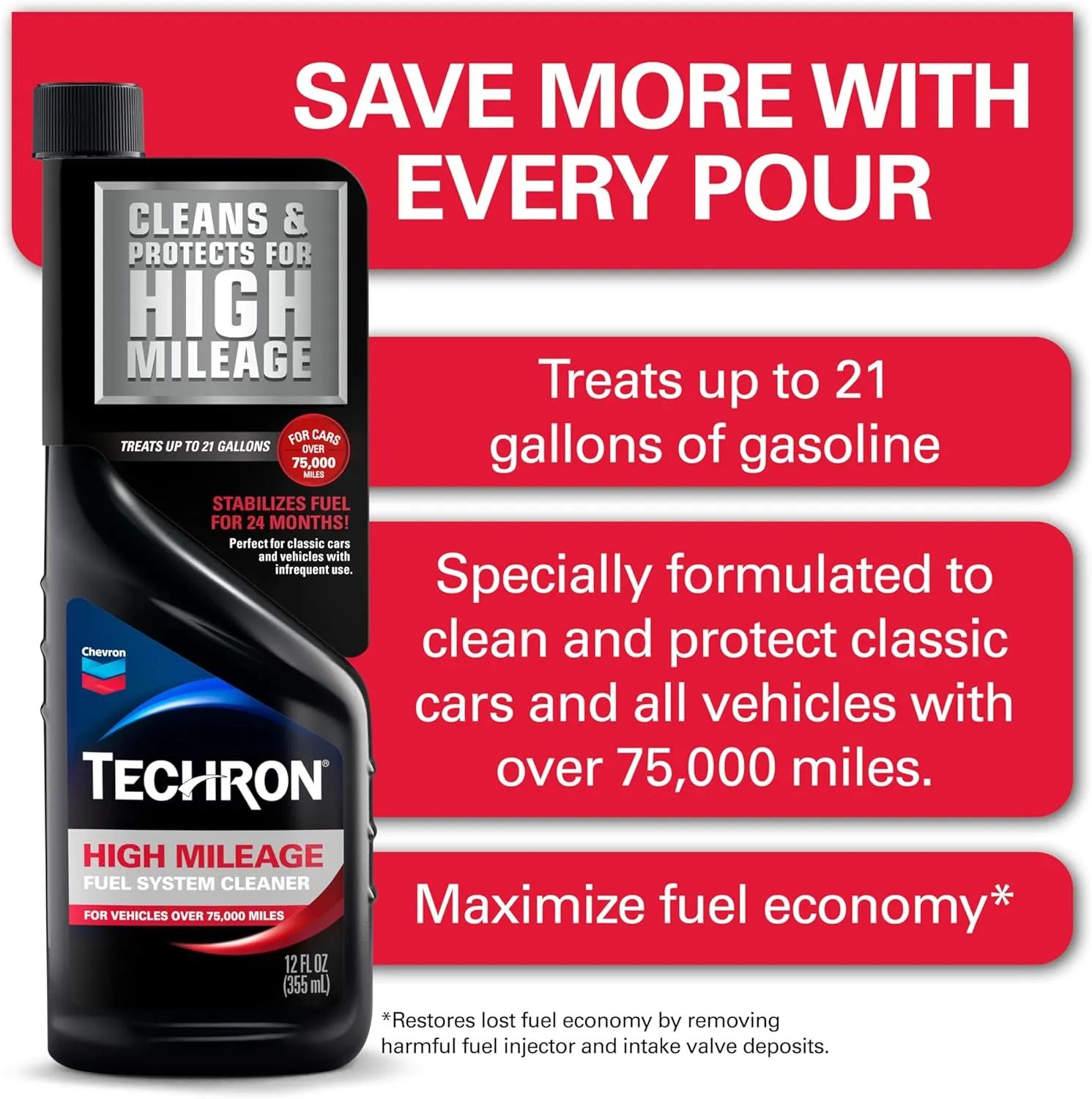 Chevron Techron High Mileage Fuel System Cleaner, 12 oz, Pack of 6