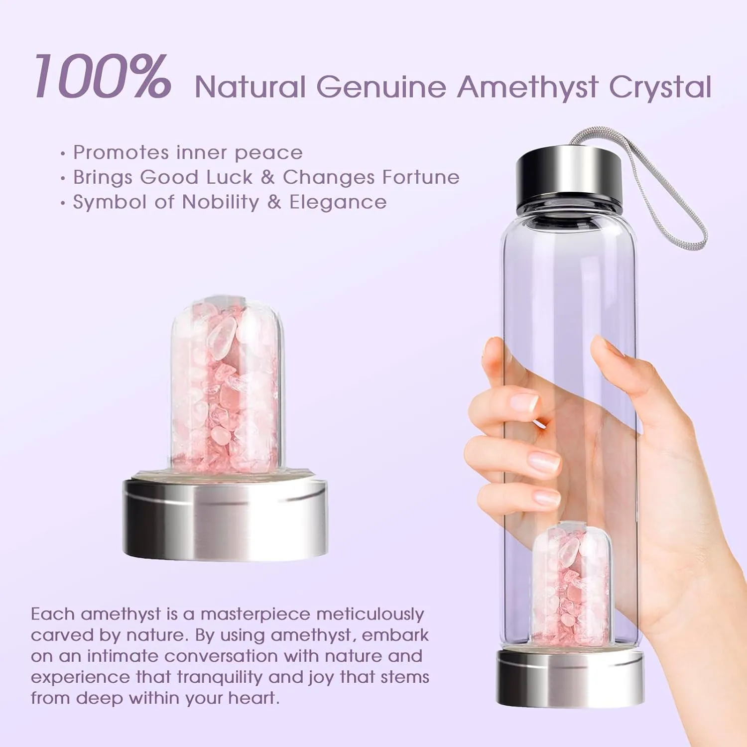 ChezMax Crystal Glass Water Bottle with Natural Crystal Center