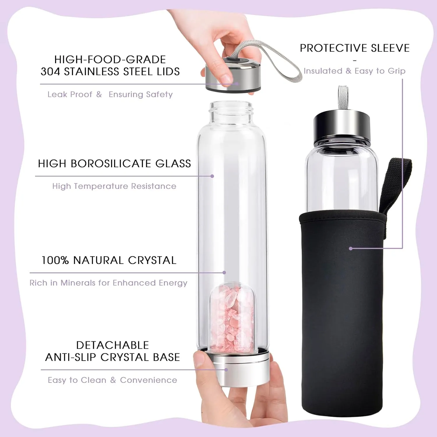 ChezMax Crystal Glass Water Bottle with Natural Crystal Center
