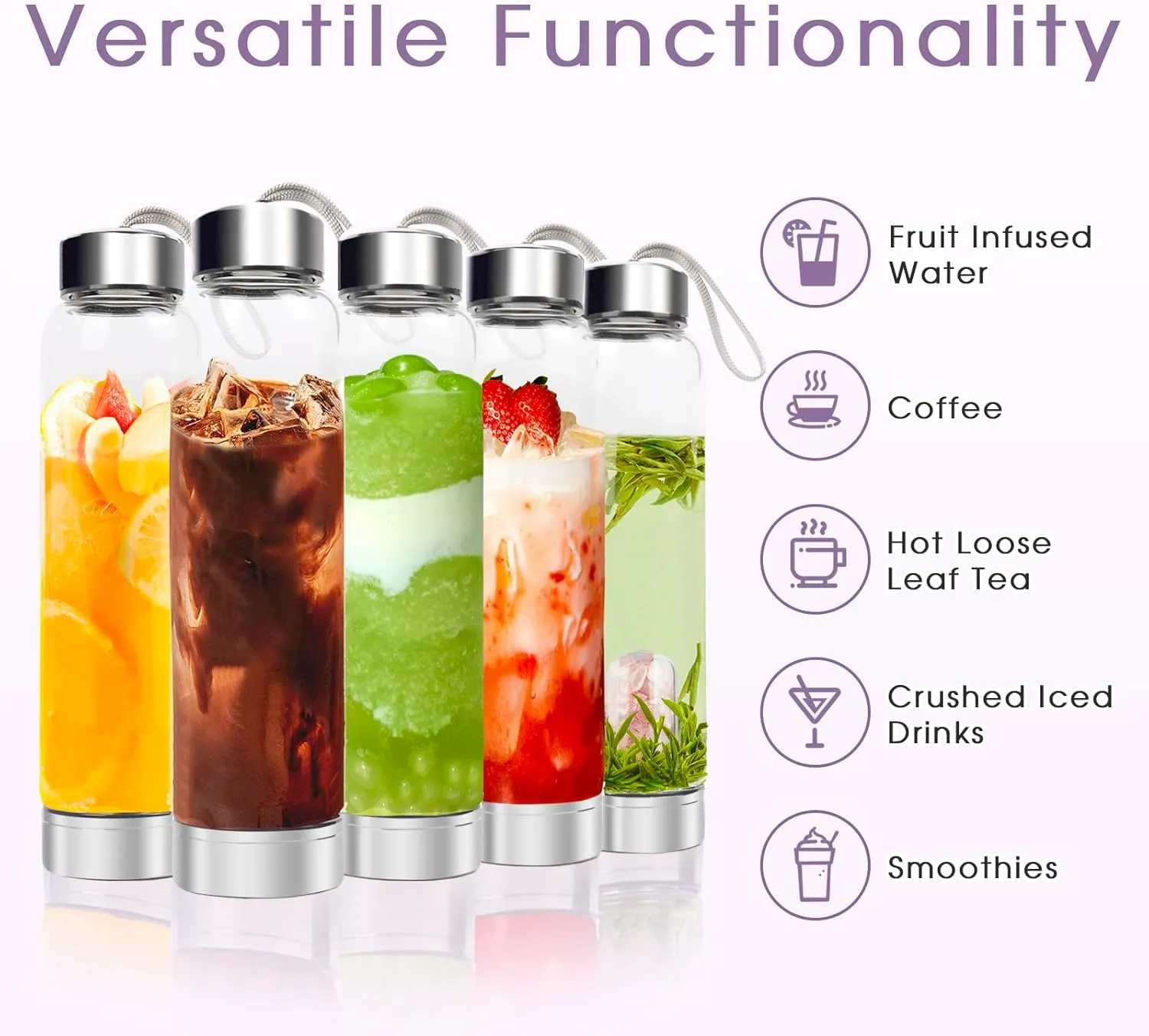 ChezMax Crystal Glass Water Bottle with Natural Crystal Center