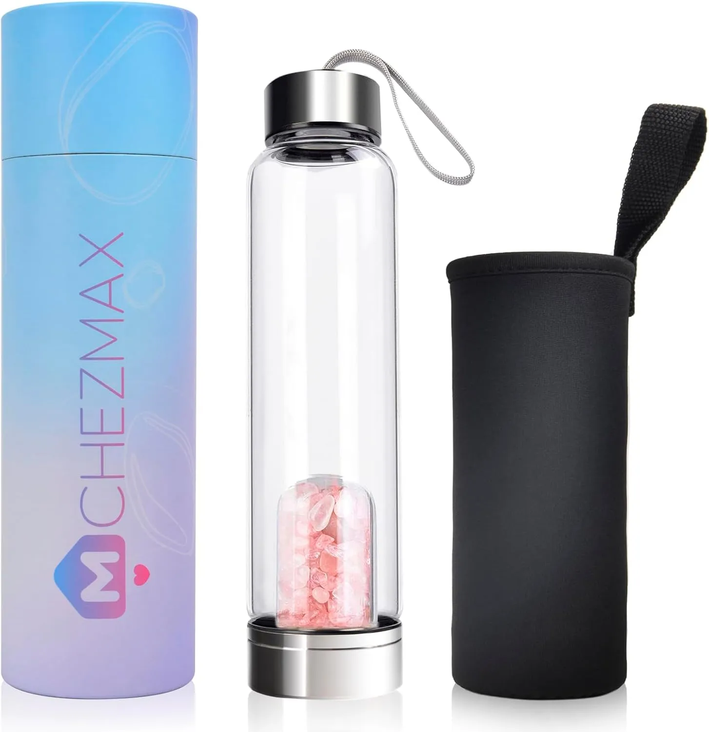 ChezMax Crystal Glass Water Bottle with Natural Crystal Center