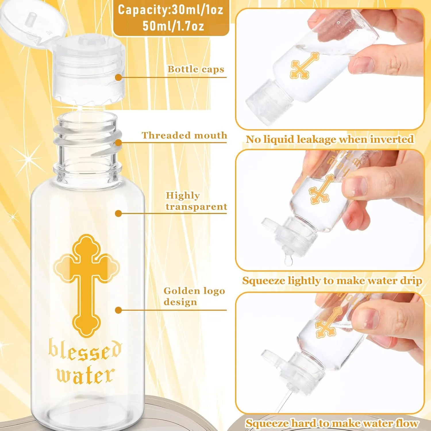 Chuangdi 100 Pcs Holy Water Bottles Baptism Party Favor Transparent Holy Water Empty Containers with Golden Catholic Cross First Communion Gift for Guests Christian Thanksgiving Church (30 ml)