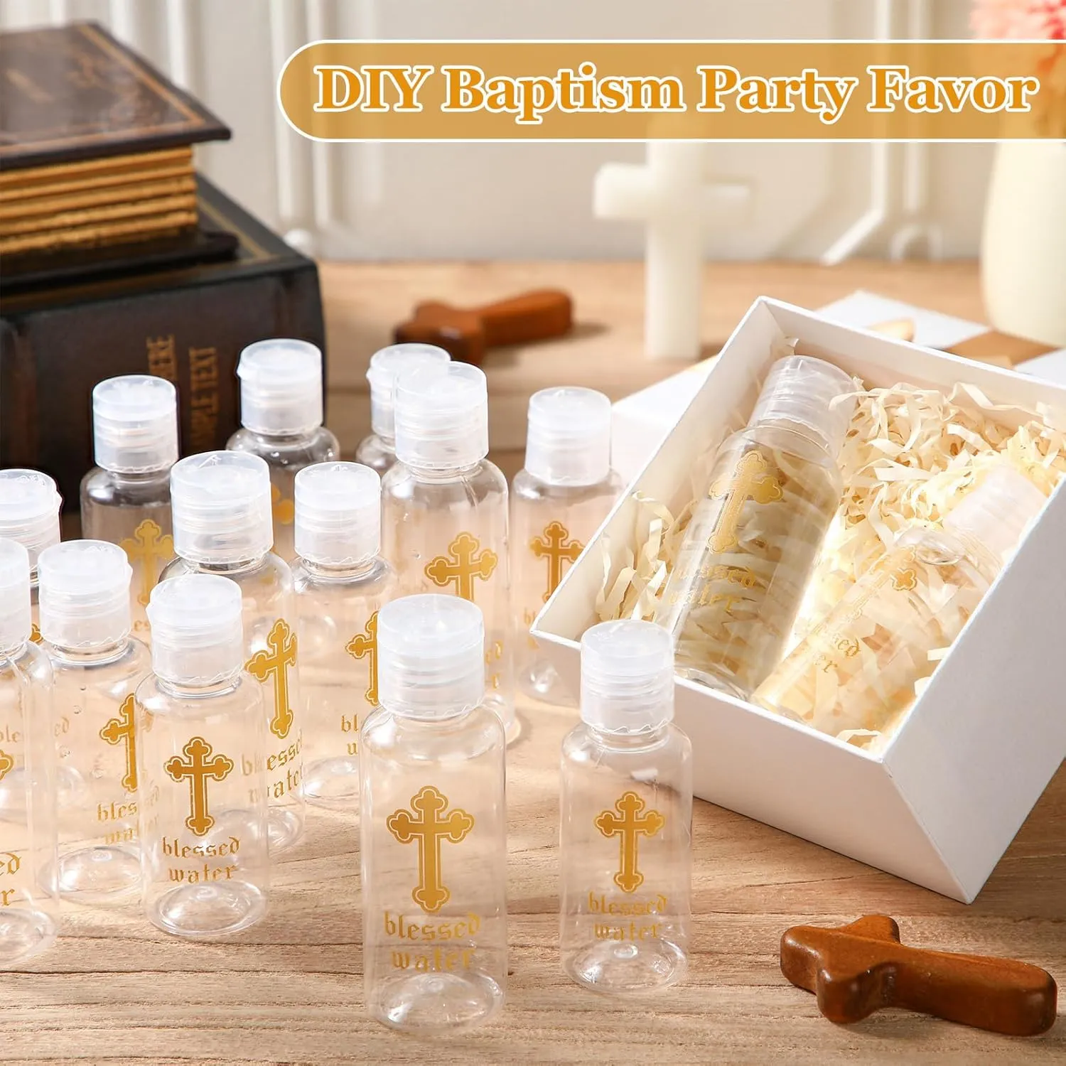 Chuangdi 100 Pcs Holy Water Bottles Baptism Party Favor Transparent Holy Water Empty Containers with Golden Catholic Cross First Communion Gift for Guests Christian Thanksgiving Church (30 ml)